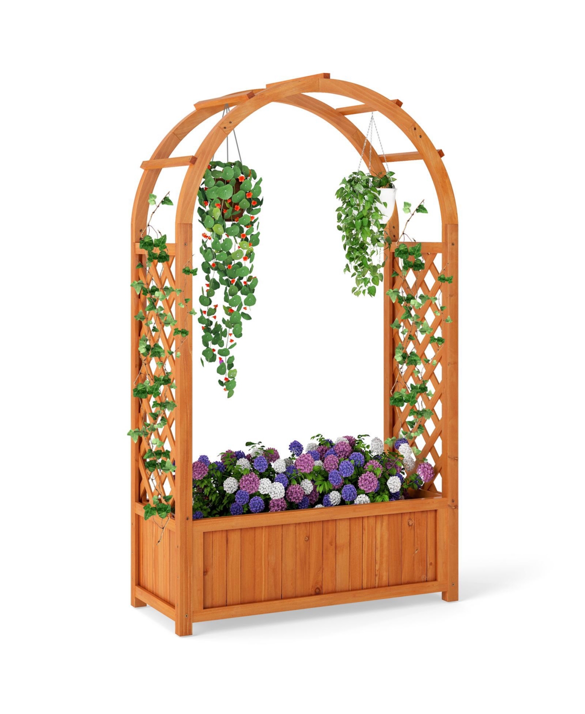 Raised Garden Bed with Lattice Trellis Ached Roof Wooden Elevated Planter Box - Reddish Brown