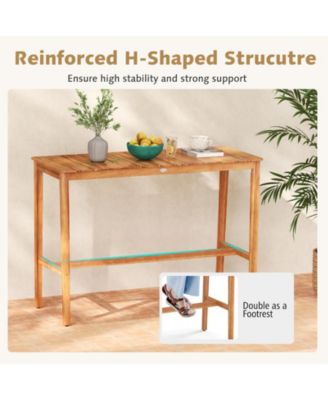 Acacia Wood Counter Height Table with Slatted Tabletop and Footrest Crossbar