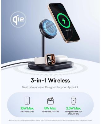 MagSafe-Compatible 3 in 1 Wireless Charger Stand, Qi2 Certified 15W Wireless Charging Station, Fast Cooling iPhone Charger for iPhone16/15, Apple Watch, AirPods - 45W Adapter Included