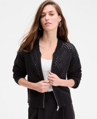 Women's Perforated Zip-Front Sweater Bomber, Exclusively at Macy's