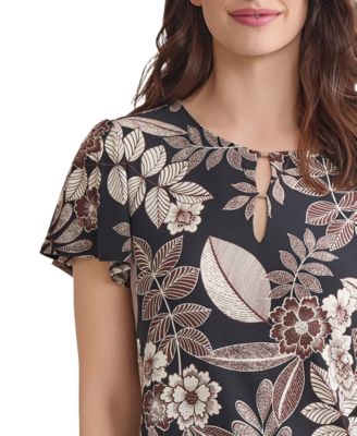 Women's Printed Embellished-Neck Flutter-Sleeve Top
