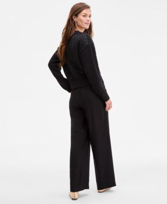 On 34th Womens Perforated Zip Front Bomber Cardigan Ribbed Scoop Neck Tee High Rise Pleated Straight Leg Pan In Black