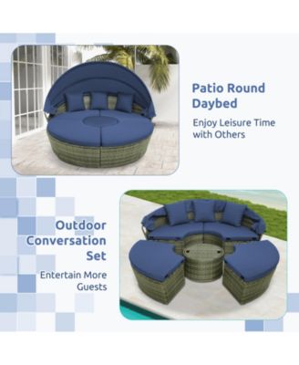 Outdoor PE Wicker Round Daybed with Retractable Canopy and Cushions