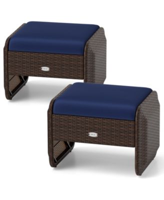 2-Piece Outdoor PE Wicker Ottomans with Removable Cushions for Patio or Garden