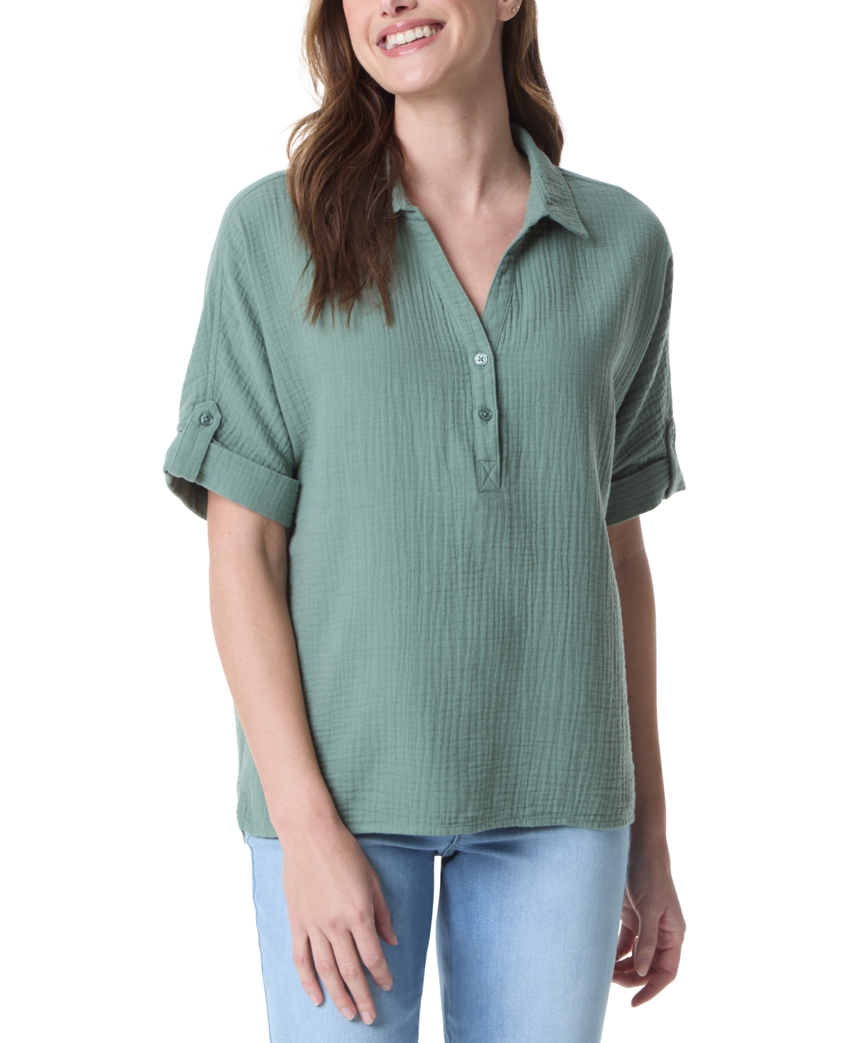 Women's Cotton Callista Roll-Tab Textured Top - Basil Bliss