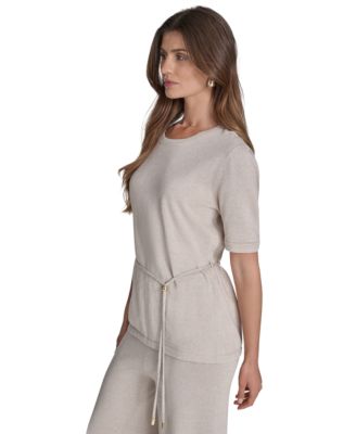 Women's Metallic Tie-Waist Round-Neck Top