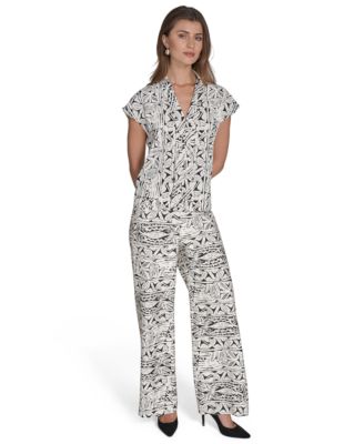 Womens Printed V Neck Cap Sleeve Top Printed High Rise Wide Leg Pants
