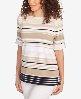 Petite Multi Stripe Roll Tab Sleeve T Shirt