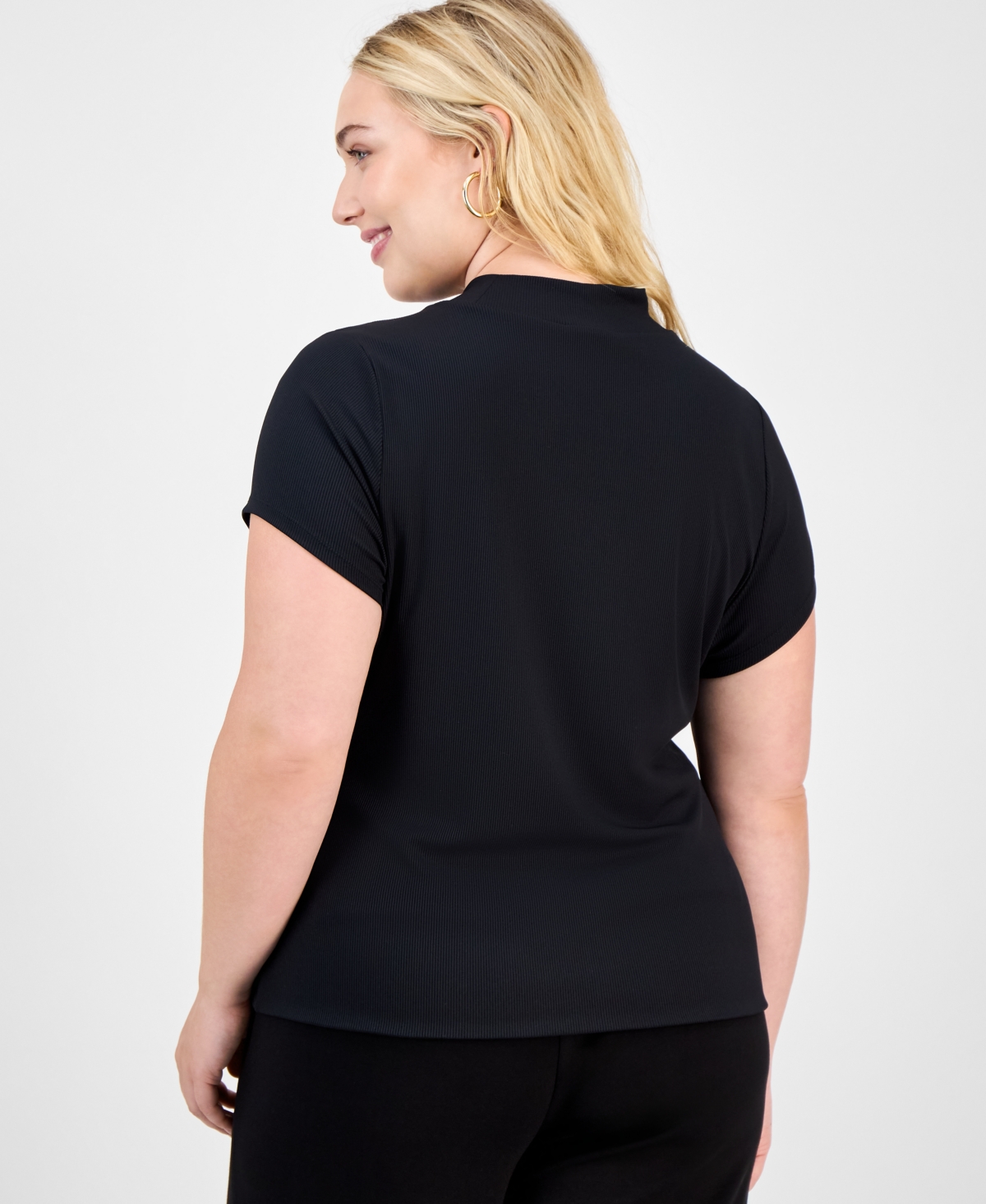 Bar Iii Trendy Plus Second-skin Short-sleeve Mock-neck Top, Macy's Exclusive In Black