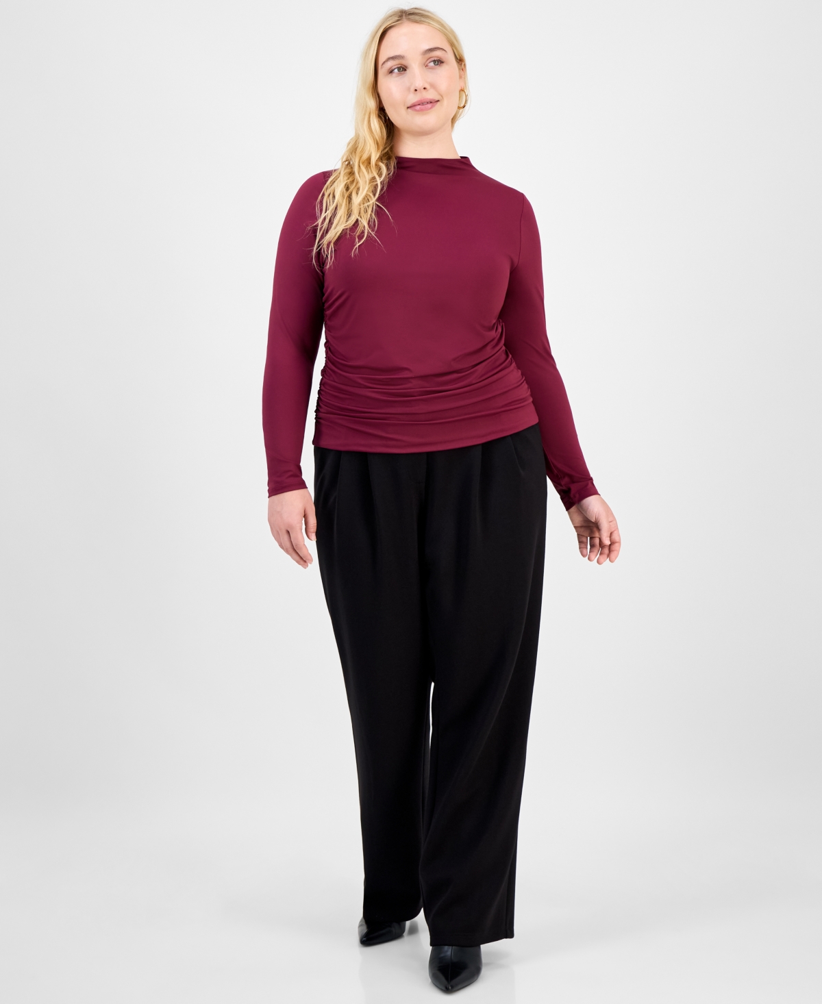 Bar Iii Trendy Plus Ruched Mock-neck Long-sleeve Top, Macy's Exclusive In Red