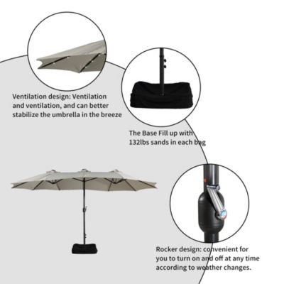 15 FT Double-Head Patio Umbrella with Base Included Large Outdoor Umbrella with Solar Detachable Lights Rectangular Crank Market Umbrella