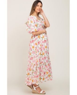 Maternity White Floral Puff Sleeve Maxi Dress