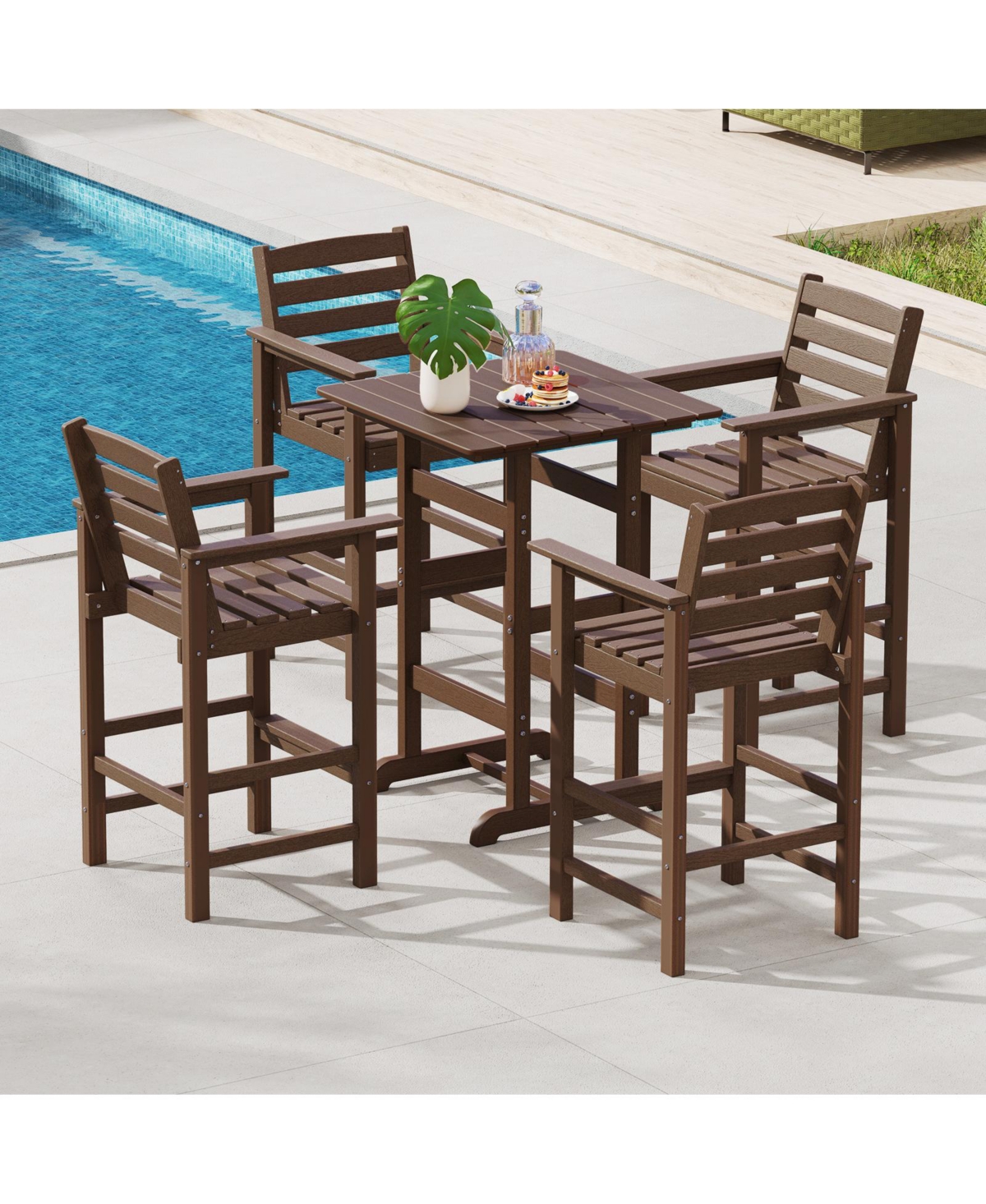 Square Bar Table Dining with Slatted Tabletop for Poolside