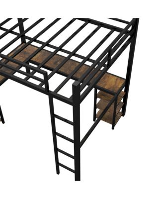 Full Metal Loft Bed with Desk and Shelves, Loft Bed with Ladder and Guardrails, Loft Bed Frame for Bedroom, Black