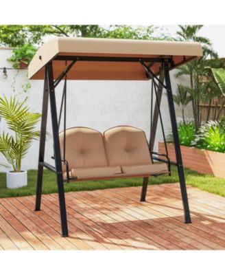 2-Person Outdoor Porch Swing with A-Shaped Metal Stand and Adjustable Canopy