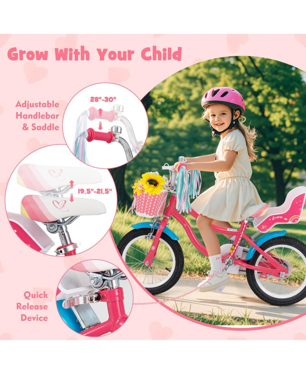 14 Inch Girls Bike for 3-8 Years Old Kids Bike with Doll Seat and Training Wheels
