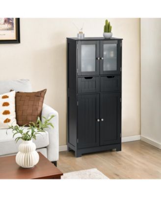 4 Door Freestanding Bathroom Floor Storage Cabinet with 2 Drawers and Glass Doors