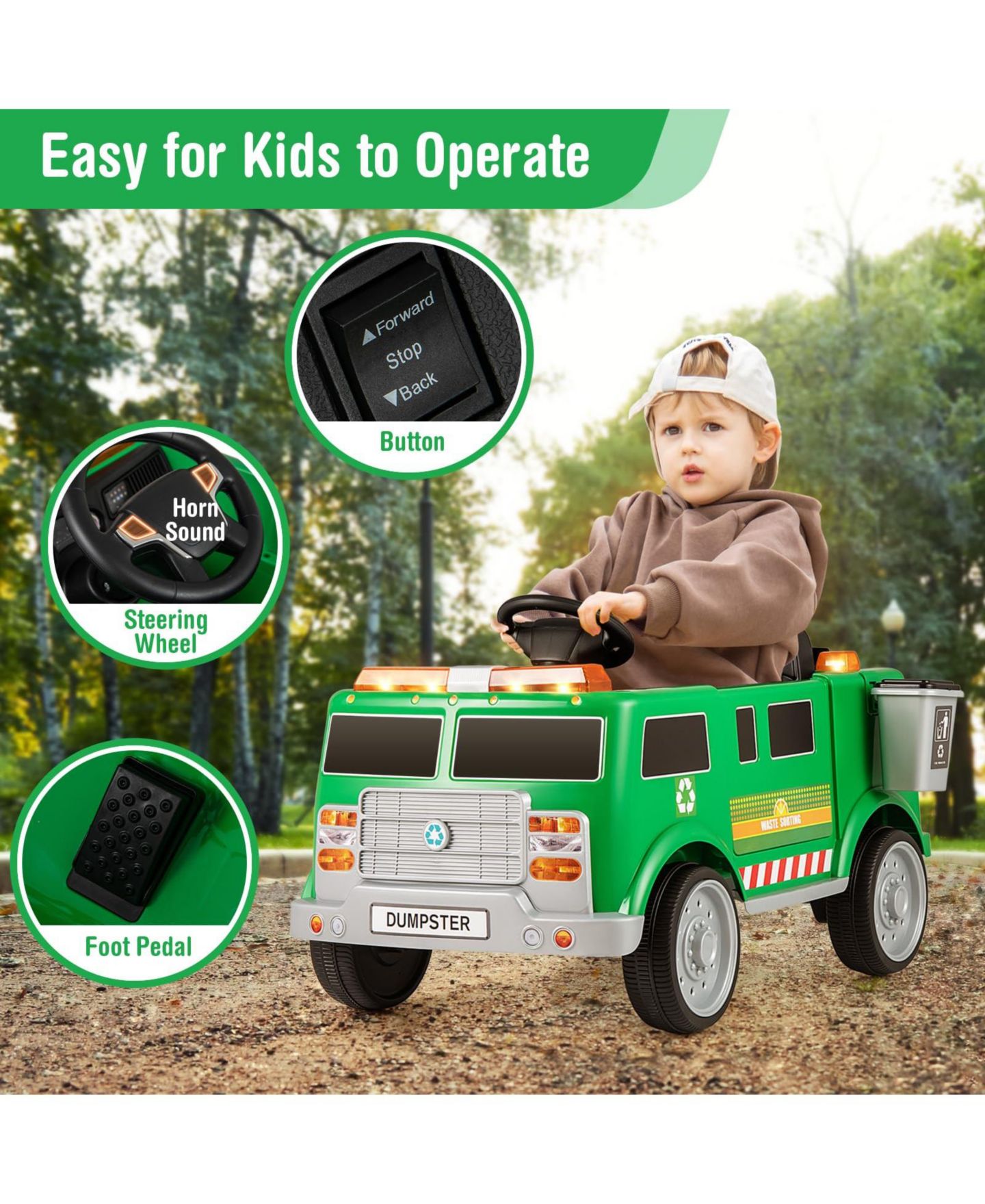 Детская игрушка Mecale 12V Battery Powered Electric Vehicle with Remote Control and Trash Bin, цвет: Зелёный — фото 2