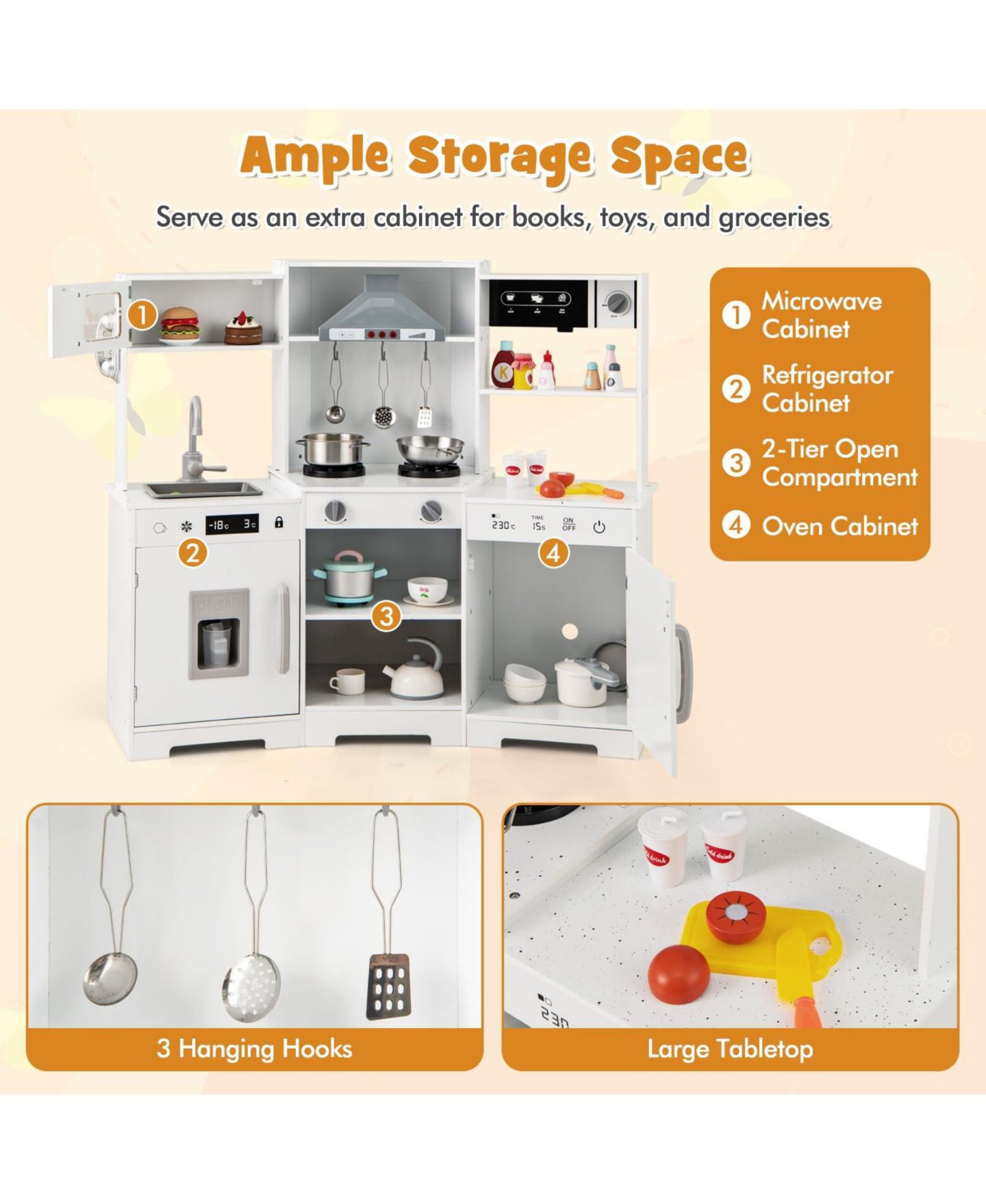 Детская игрушка Mecale Wooden Play Kitchen With Lights and Sounds, Ages 3+, цвет: Белый — фото 7