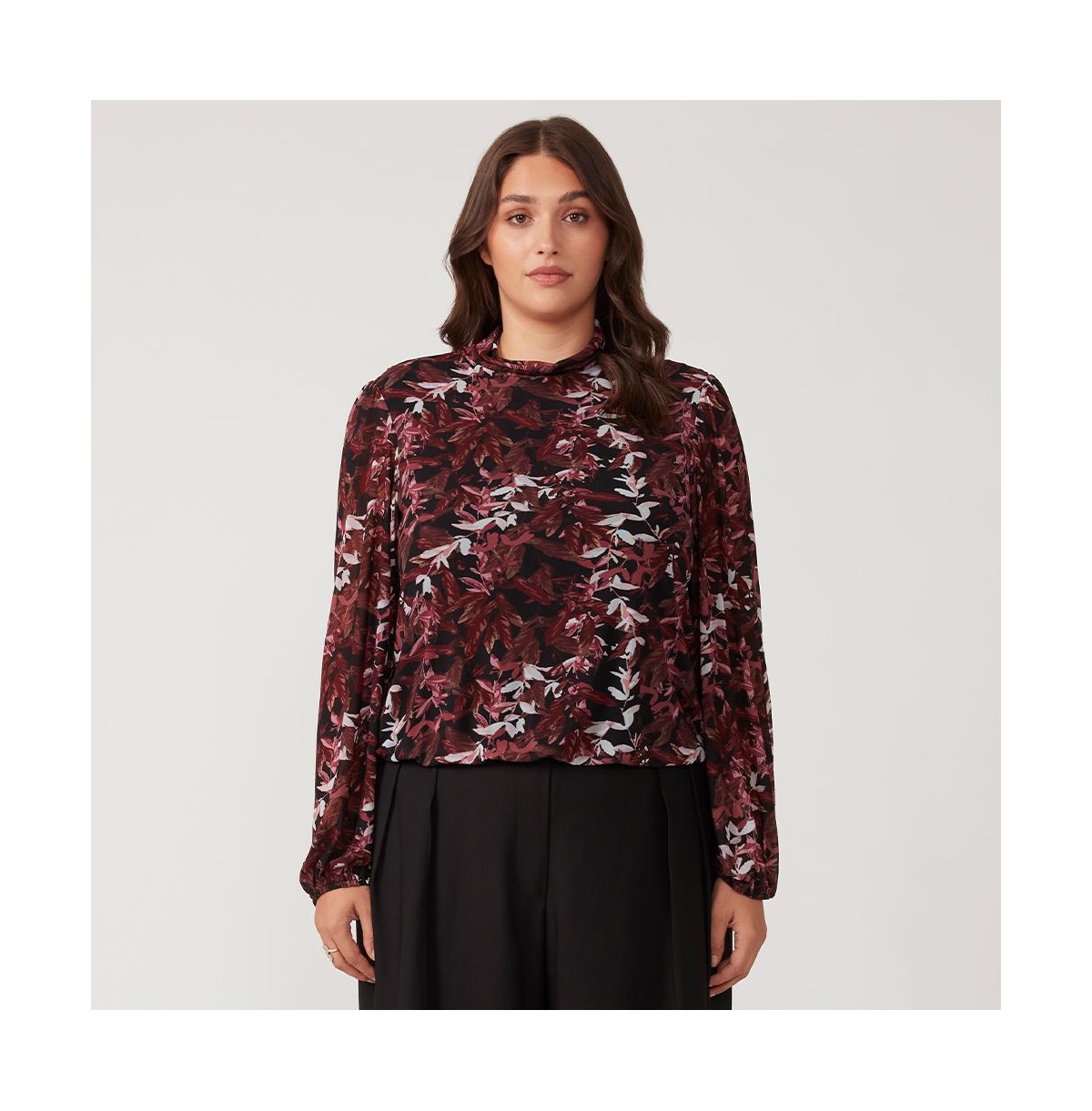 Reflection Leaves Black Pink Wrap Long Sleeve Top - Black/rose
