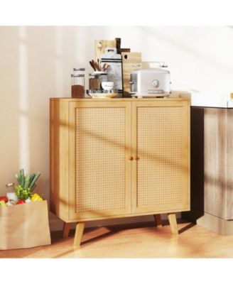 Wicker Buffet Storage Cabinet with PE Rattan Doors and Freestanding Kitchen Cupboard