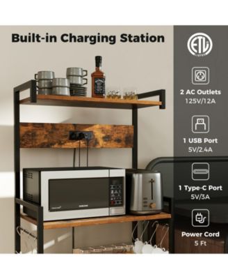 4-Tier Kitchen Bakers Rack with Power Outlet and 8 Hooks