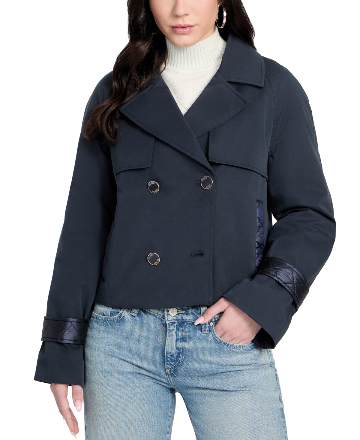 Women's Cropped Quilted-Trim Trench Coat - Navy