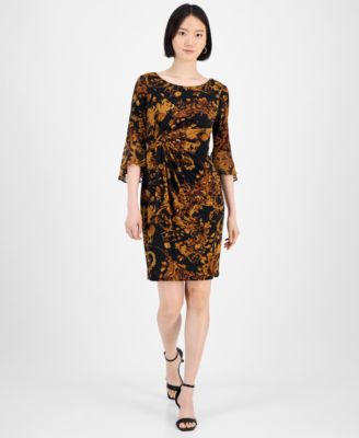 Connected - Petite Printed Side-Tab Ruffled-Cuff Dress