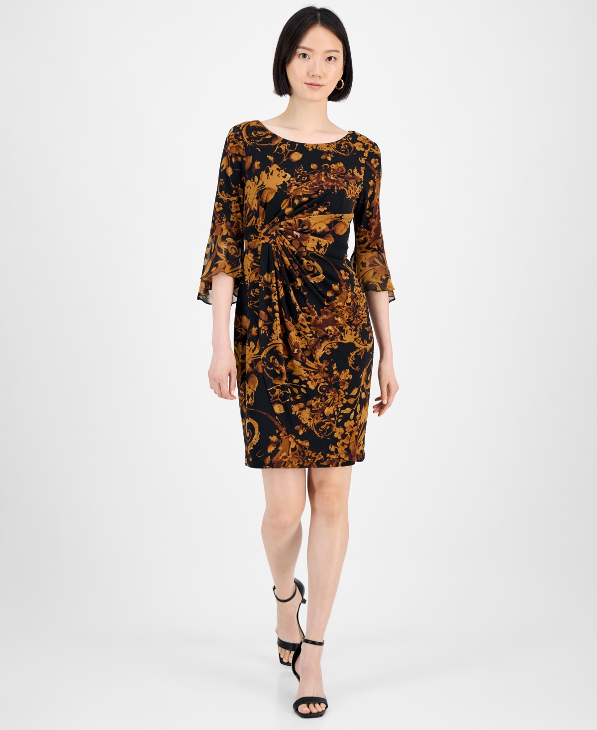 Petite Printed Side-Tab Ruffled-Cuff Dress - Spi