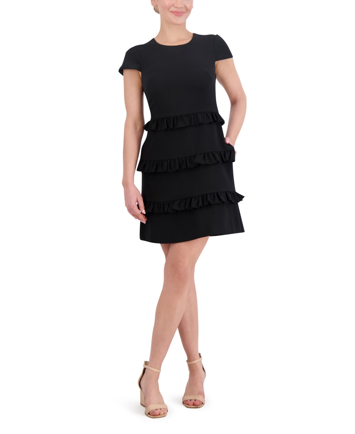 Eliza J Petite Stretch Crepe Jewel-neck A-line Dress In Black