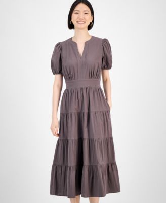 Women's Cotton Puff-Sleeve Tiered Midi Dress