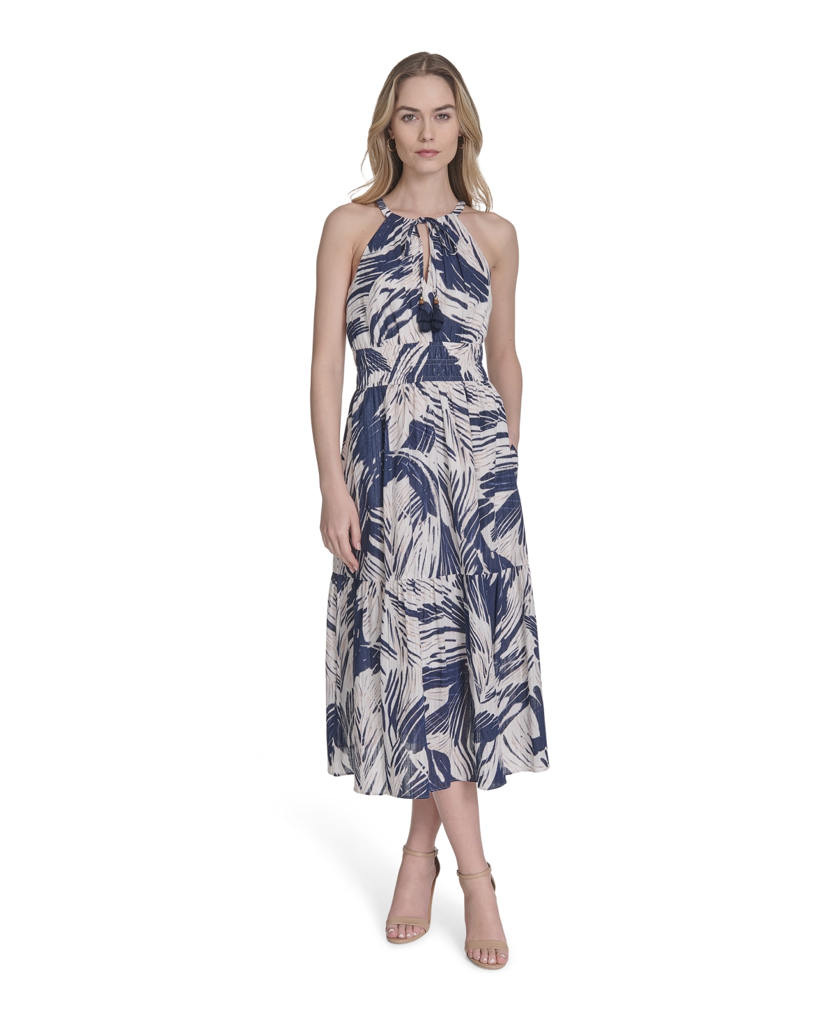 Vince Camuto Leaf Print Cotton Halter Neck Midi Dress In Blue
