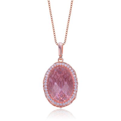 Sterling Silver 18K Rose Plated Cubic Zirconia Oval Pink Pendant