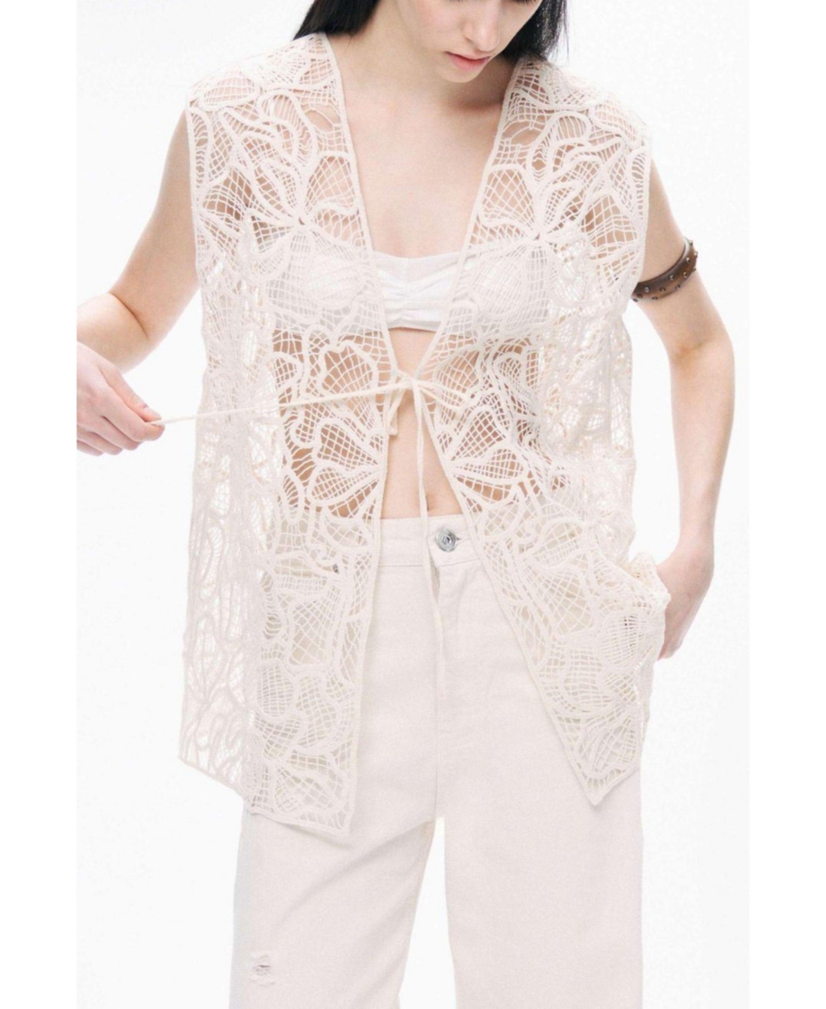 Women's Floral Embroidered Detailed Vest - Open white