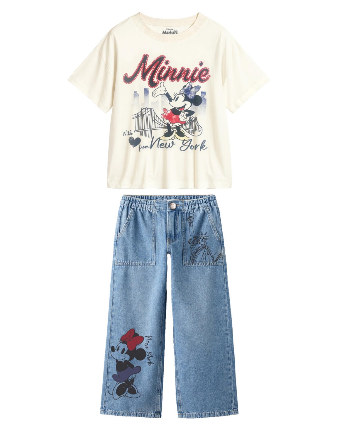 Disney Toddler And Little Girls 2-piece Minnie I Love New York T-shirt And Denim Pants Set In Blue