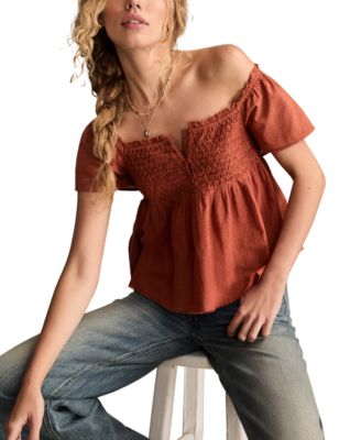 Lucky Brand - Women's Cotton Smocked-Bodice Babydoll Top