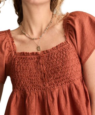 Women's Cotton Smocked-Bodice Babydoll Top