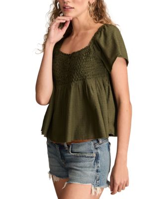 Women's Cotton Smocked-Bodice Babydoll Top