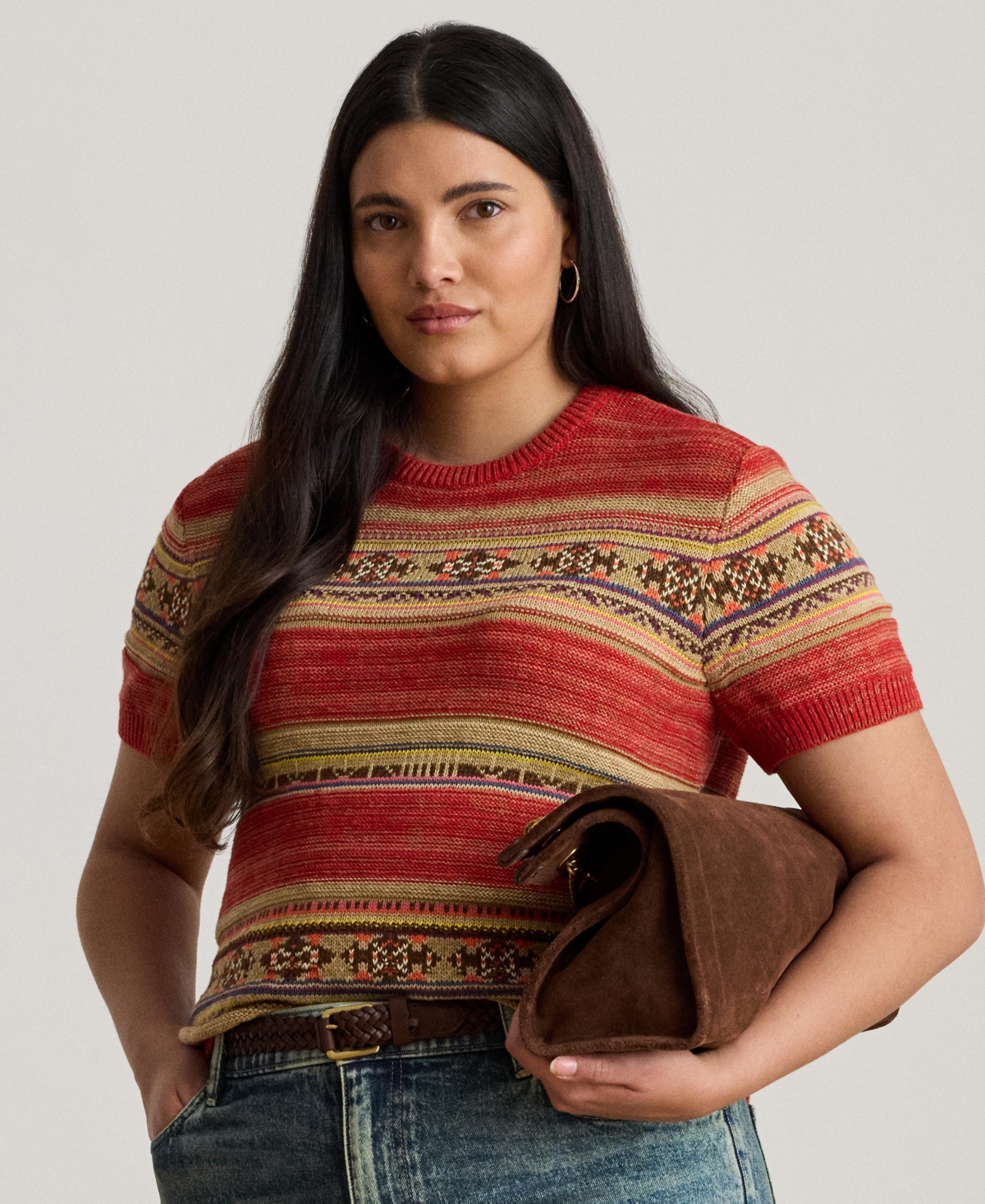 Ralph Lauren Plus Size Geo-striped Short-sleeve Sweater