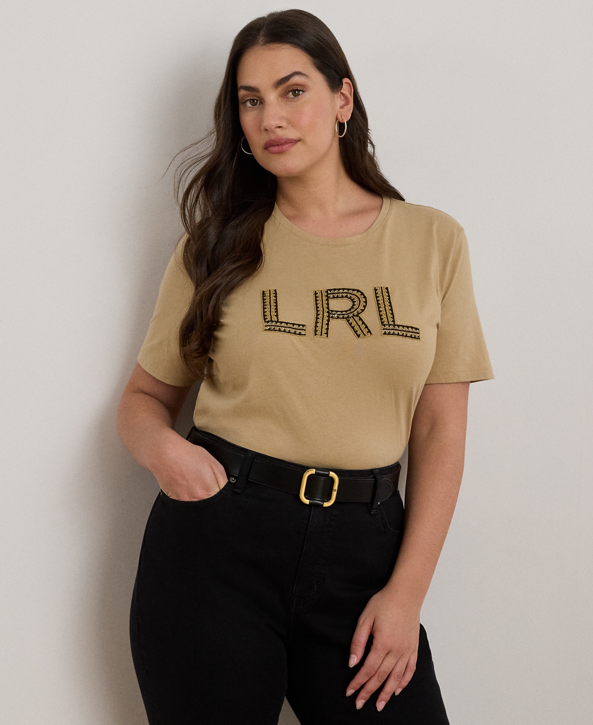 Ralph Lauren Plus Size Beaded-logo Cotton Jersey Tee