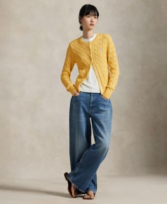 Women's Cable-Knit Cotton Crewneck Cardigan Sweater