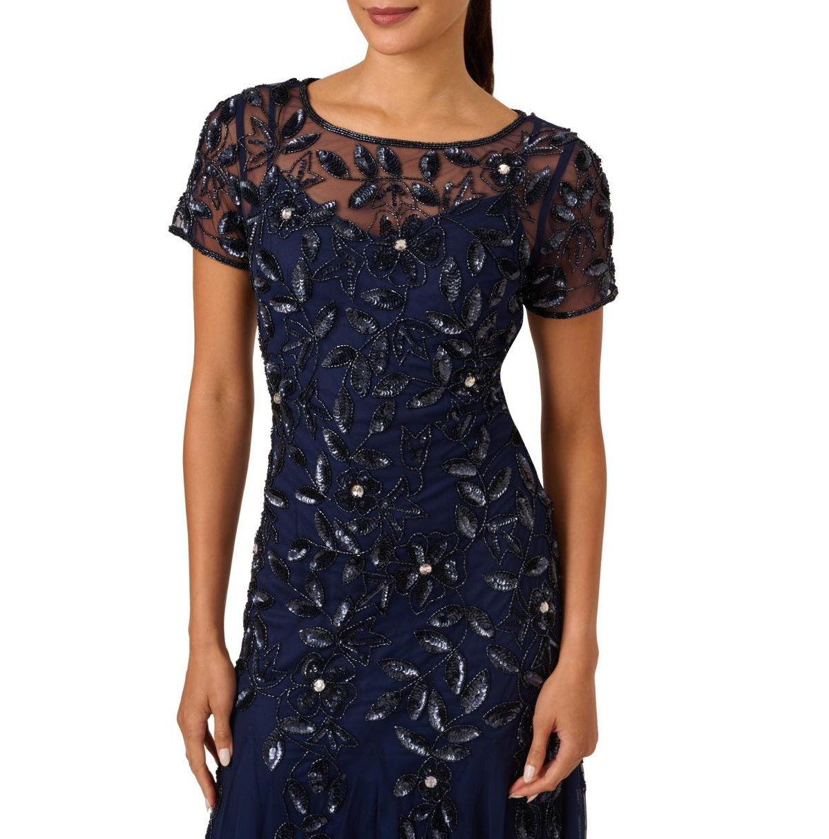 Adrianna Papell Floral Embroidered Beaded Trumpet Gown In Blue