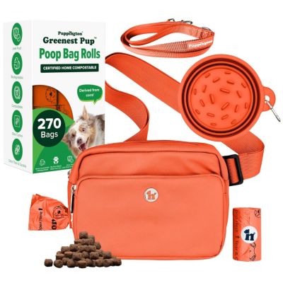 Walk Star Kit: 3-in-1 Dog Walk Bag, Bowl, & Leash plus Matching 270 Refill Dog Poop Bags