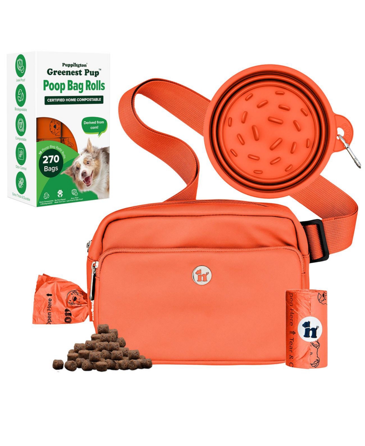 Walk Star Kit: 3-in-1 Dog Walk Bag & Bowl plus Matching 270 Refill Dog Poop Bags - Vanilla cream