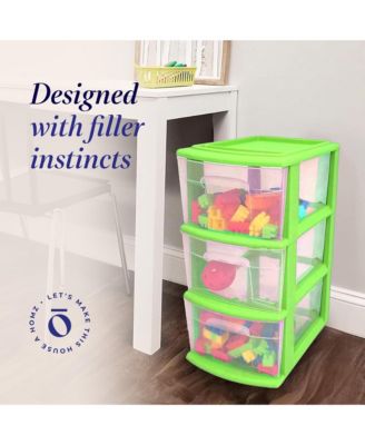 Plastic 3 Drawer Medium Storage Container Tower, Clear Drawers/Lime Frame
