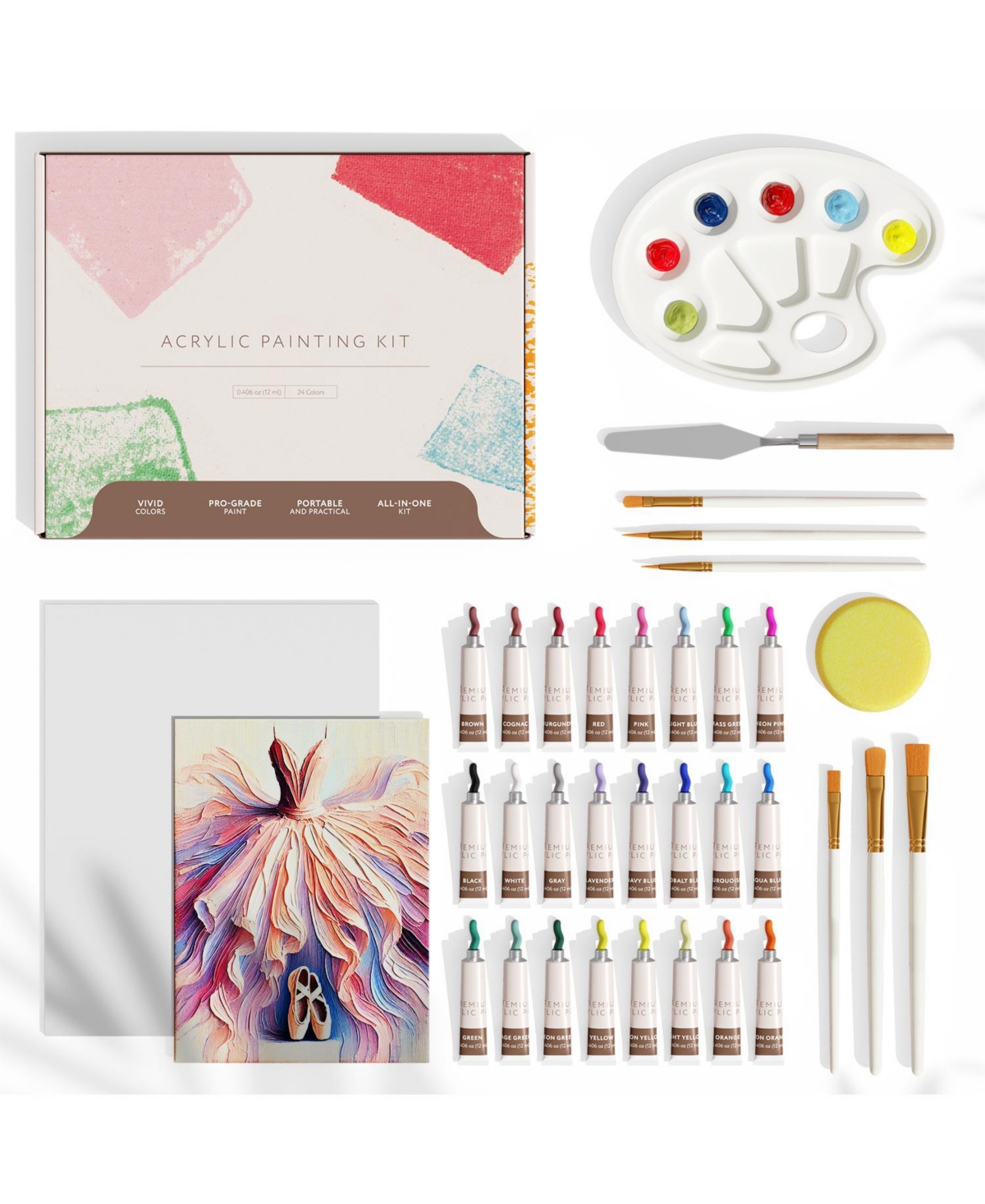 34-pc Acrylic Paint Set - 24 Colors (12ml) Acrylic Craft Paint, 2 Canvases, 5 Paint Brushes, Painting Pallet, Painting Knife, and 1 Sp