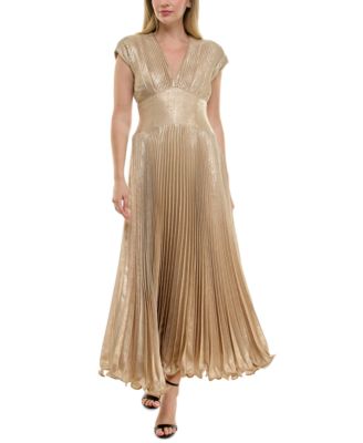 Women's Metallic V-Neck Cap-Sleeve Pleated Gown