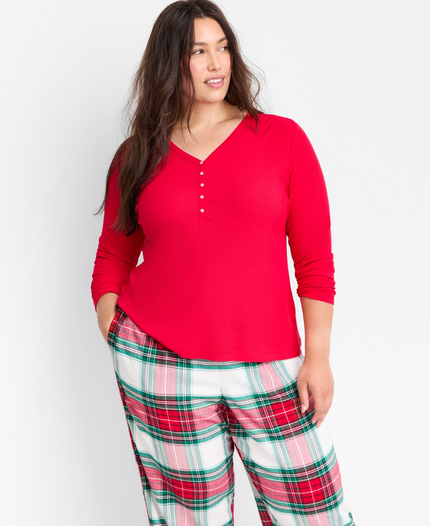 Women's Long-Sleeve Ribbed Henley Sleep Top XS-3X