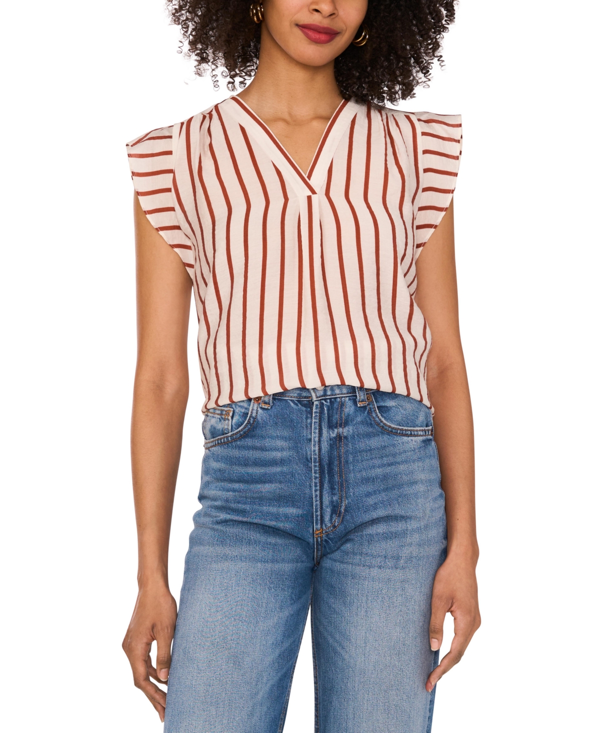 Women's Striped V-Neck Cap-Sleeve Shirt - Chili