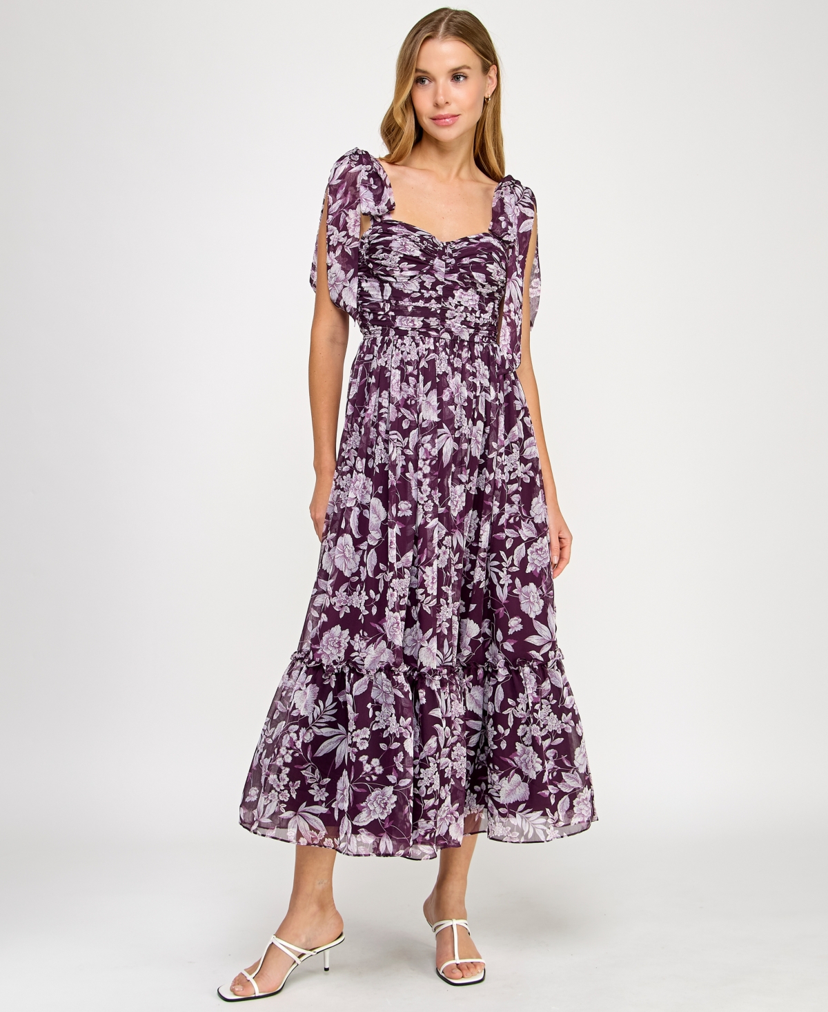 Juniors' Printed Sweetheart Fit & Flare Dress - Plum/ Off White